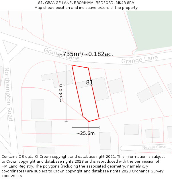 81, GRANGE LANE, BROMHAM, BEDFORD, MK43 8PA: Plot and title map