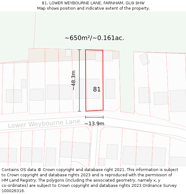 81, LOWER WEYBOURNE LANE, FARNHAM, GU9 9HW: Plot and title map