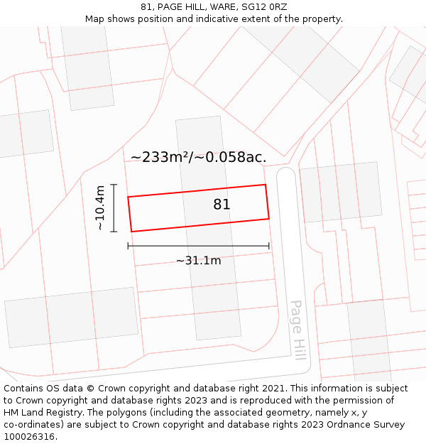 81, PAGE HILL, WARE, SG12 0RZ: Plot and title map