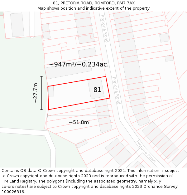 81, PRETORIA ROAD, ROMFORD, RM7 7AX: Plot and title map