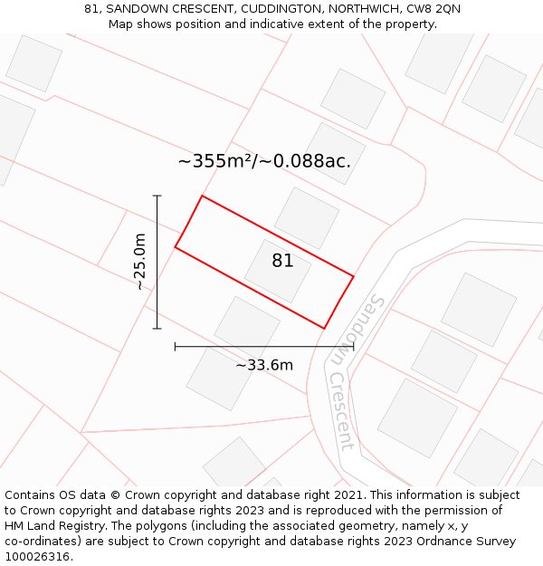 81, SANDOWN CRESCENT, CUDDINGTON, NORTHWICH, CW8 2QN: Plot and title map