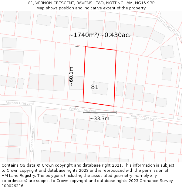 81, VERNON CRESCENT, RAVENSHEAD, NOTTINGHAM, NG15 9BP: Plot and title map