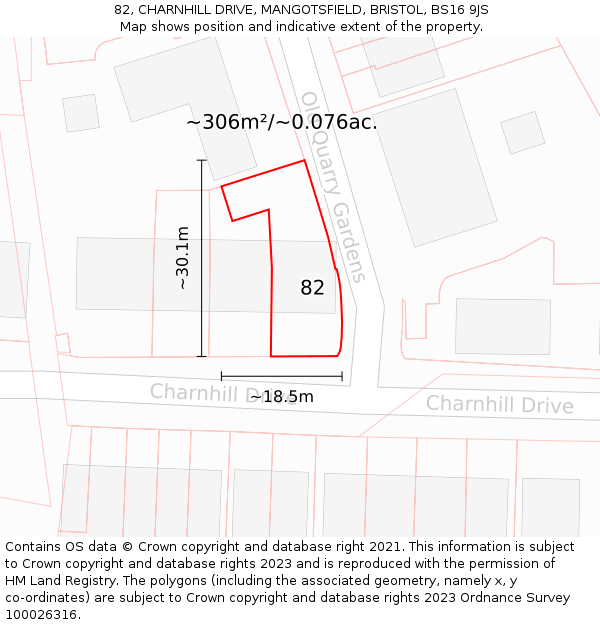 82, CHARNHILL DRIVE, MANGOTSFIELD, BRISTOL, BS16 9JS: Plot and title map