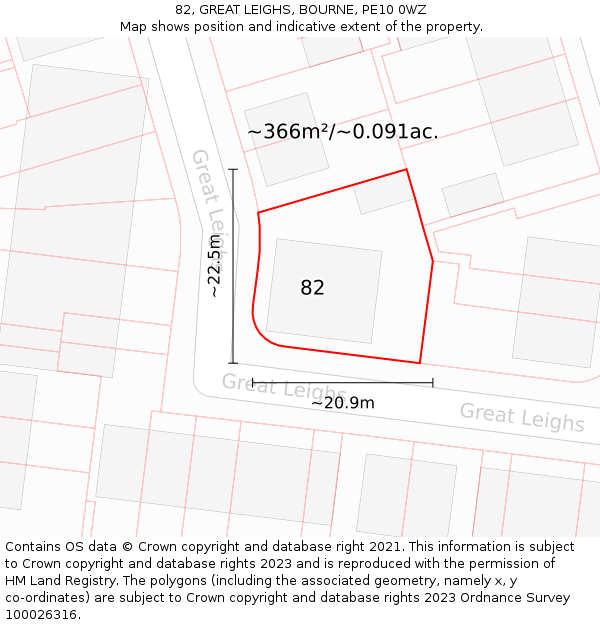 82, GREAT LEIGHS, BOURNE, PE10 0WZ: Plot and title map