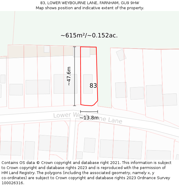 83, LOWER WEYBOURNE LANE, FARNHAM, GU9 9HW: Plot and title map