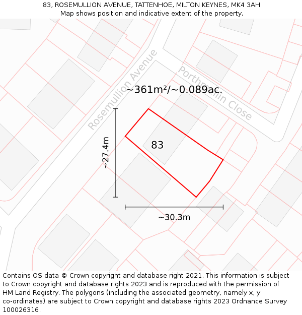 83, ROSEMULLION AVENUE, TATTENHOE, MILTON KEYNES, MK4 3AH: Plot and title map