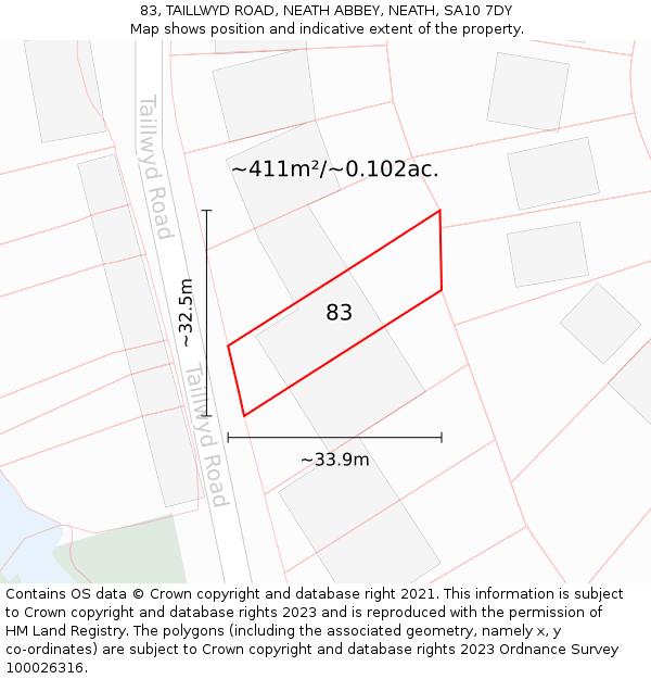 83, TAILLWYD ROAD, NEATH ABBEY, NEATH, SA10 7DY: Plot and title map