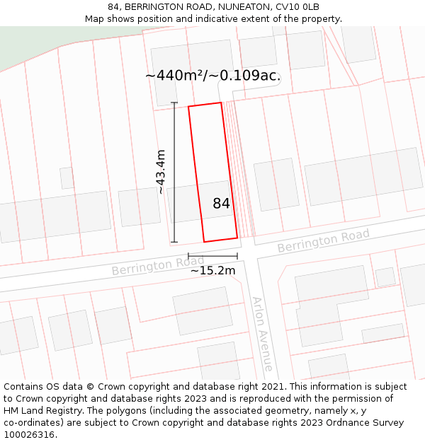 84, BERRINGTON ROAD, NUNEATON, CV10 0LB: Plot and title map