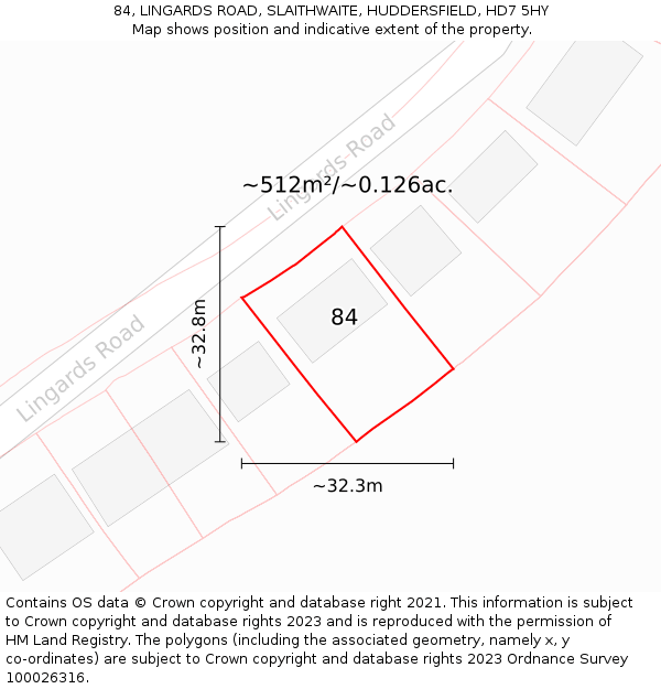 84, LINGARDS ROAD, SLAITHWAITE, HUDDERSFIELD, HD7 5HY: Plot and title map