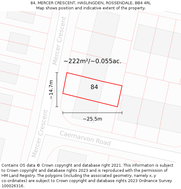 84, MERCER CRESCENT, HASLINGDEN, ROSSENDALE, BB4 4RL: Plot and title map