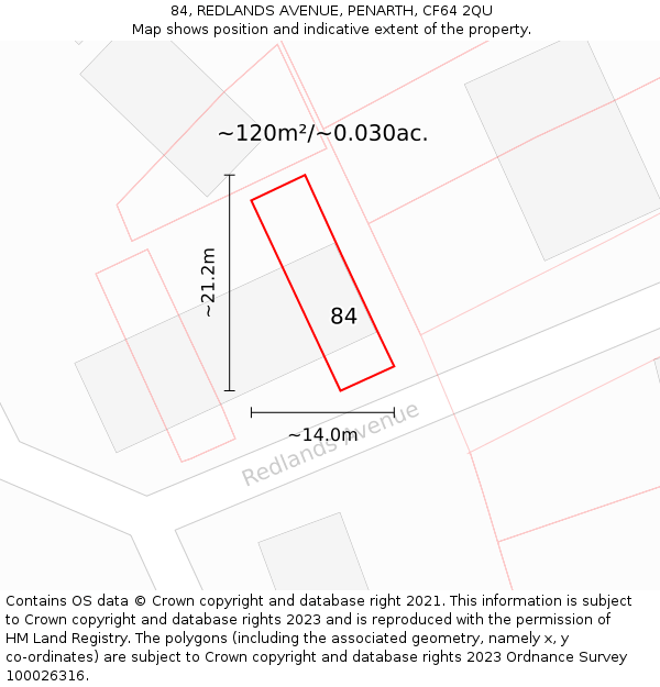 84, REDLANDS AVENUE, PENARTH, CF64 2QU: Plot and title map