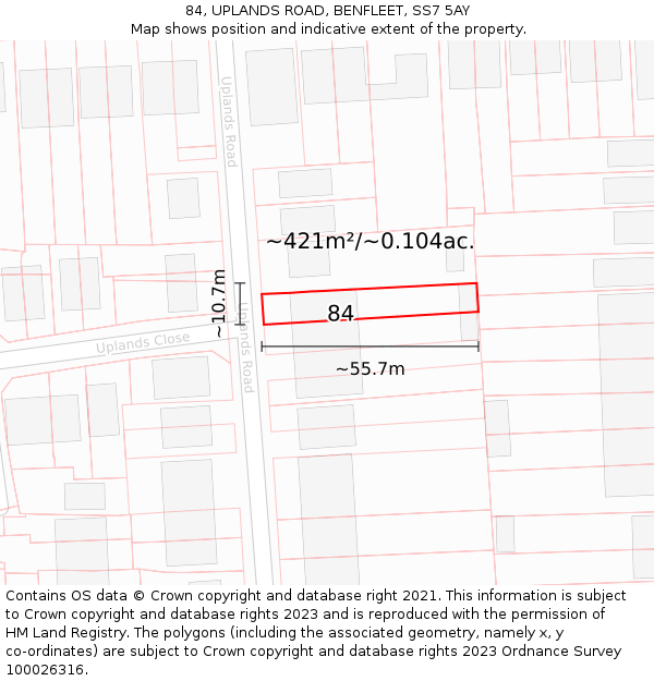 84, UPLANDS ROAD, BENFLEET, SS7 5AY: Plot and title map