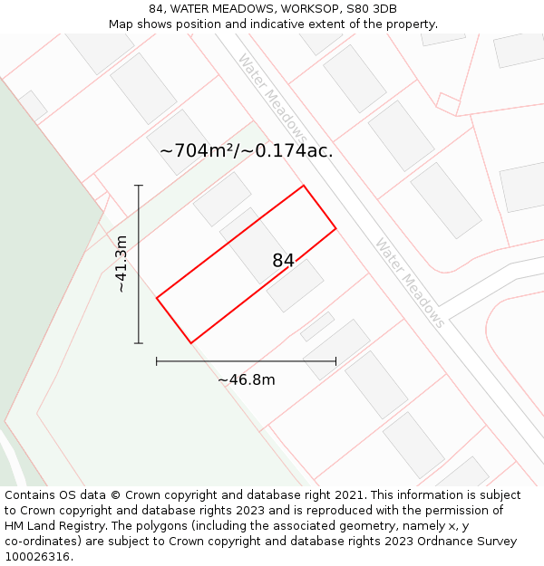 84, WATER MEADOWS, WORKSOP, S80 3DB: Plot and title map