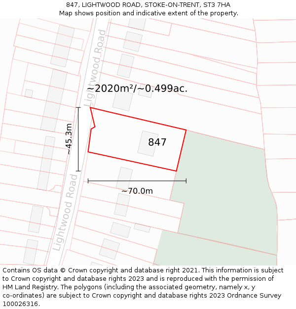 847, LIGHTWOOD ROAD, STOKE-ON-TRENT, ST3 7HA: Plot and title map