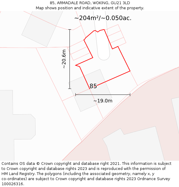 85, ARMADALE ROAD, WOKING, GU21 3LD: Plot and title map