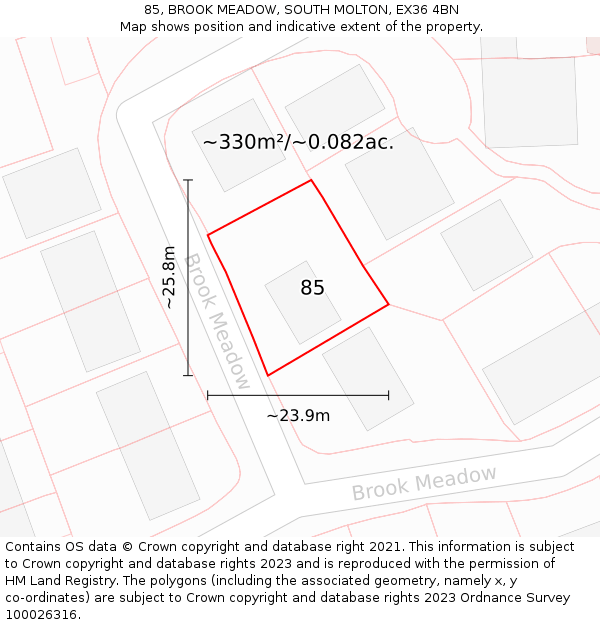 85, BROOK MEADOW, SOUTH MOLTON, EX36 4BN: Plot and title map