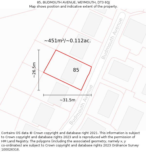 85, BUDMOUTH AVENUE, WEYMOUTH, DT3 6QJ: Plot and title map