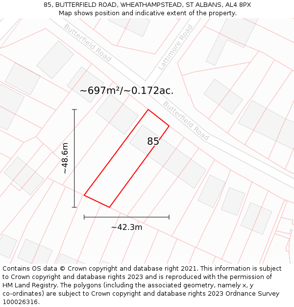 85, BUTTERFIELD ROAD, WHEATHAMPSTEAD, ST ALBANS, AL4 8PX: Plot and title map