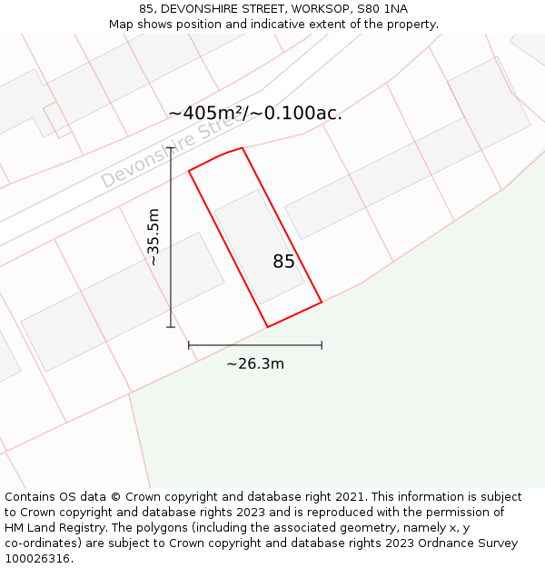 85, DEVONSHIRE STREET, WORKSOP, S80 1NA: Plot and title map