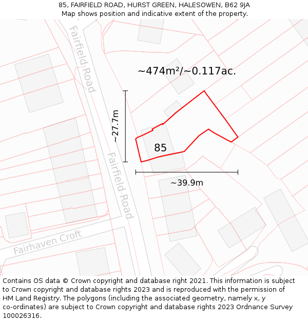 85, FAIRFIELD ROAD, HURST GREEN, HALESOWEN, B62 9JA: Plot and title map