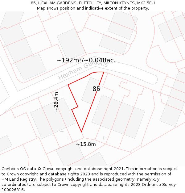 85, HEXHAM GARDENS, BLETCHLEY, MILTON KEYNES, MK3 5EU: Plot and title map