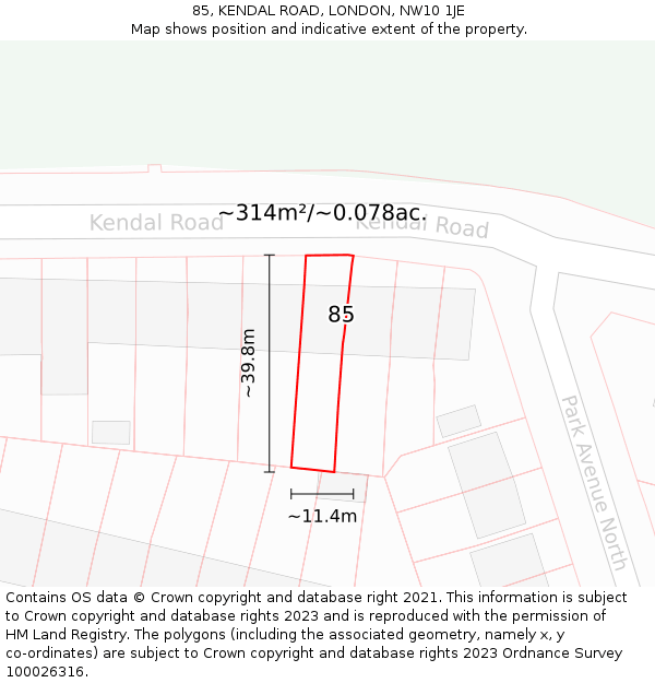 85, KENDAL ROAD, LONDON, NW10 1JE: Plot and title map