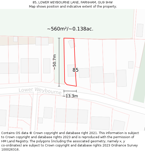 85, LOWER WEYBOURNE LANE, FARNHAM, GU9 9HW: Plot and title map