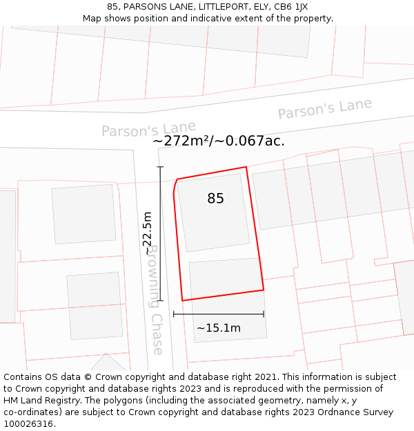 85, PARSONS LANE, LITTLEPORT, ELY, CB6 1JX: Plot and title map