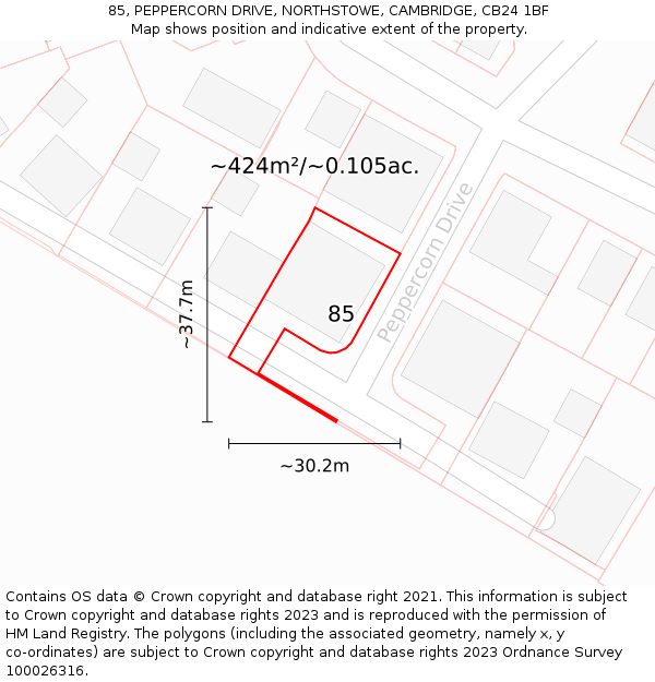 85, PEPPERCORN DRIVE, NORTHSTOWE, CAMBRIDGE, CB24 1BF: Plot and title map