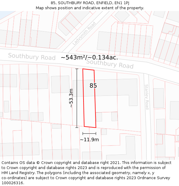 85, SOUTHBURY ROAD, ENFIELD, EN1 1PJ: Plot and title map