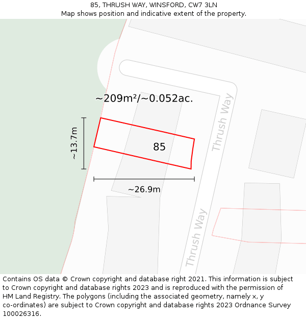 85, THRUSH WAY, WINSFORD, CW7 3LN: Plot and title map