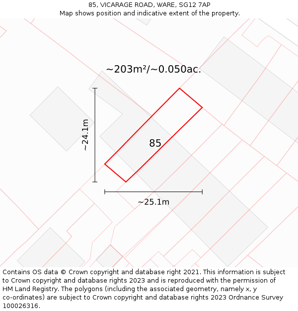 85, VICARAGE ROAD, WARE, SG12 7AP: Plot and title map