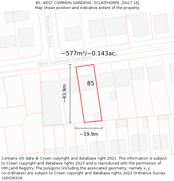 85, WEST COMMON GARDENS, SCUNTHORPE, DN17 1EJ: Plot and title map