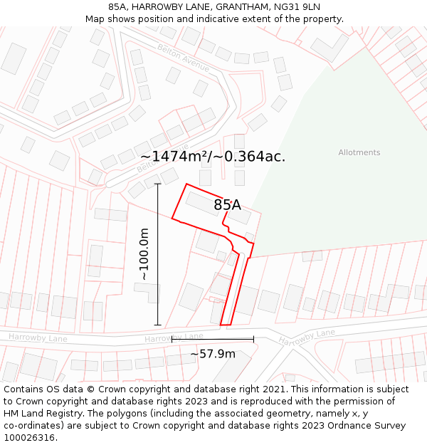 85A, HARROWBY LANE, GRANTHAM, NG31 9LN: Plot and title map