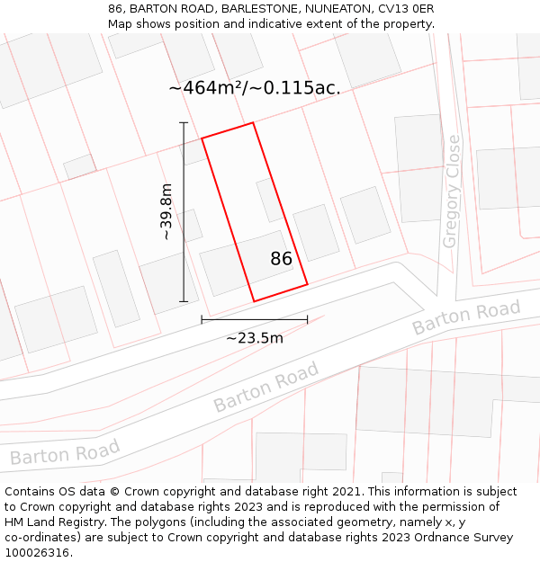 86, BARTON ROAD, BARLESTONE, NUNEATON, CV13 0ER: Plot and title map