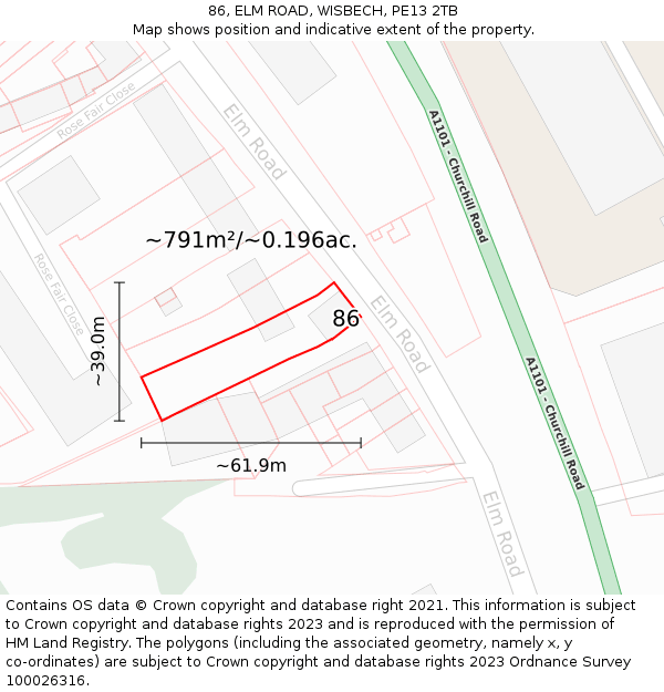 86, ELM ROAD, WISBECH, PE13 2TB: Plot and title map