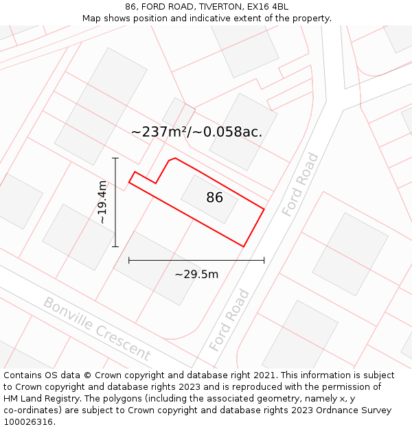 86, FORD ROAD, TIVERTON, EX16 4BL: Plot and title map