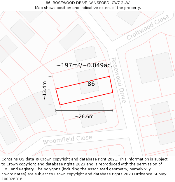 86, ROSEWOOD DRIVE, WINSFORD, CW7 2UW: Plot and title map