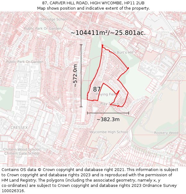 87, CARVER HILL ROAD, HIGH WYCOMBE, HP11 2UB: Plot and title map