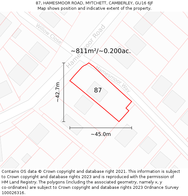 87, HAMESMOOR ROAD, MYTCHETT, CAMBERLEY, GU16 6JF: Plot and title map