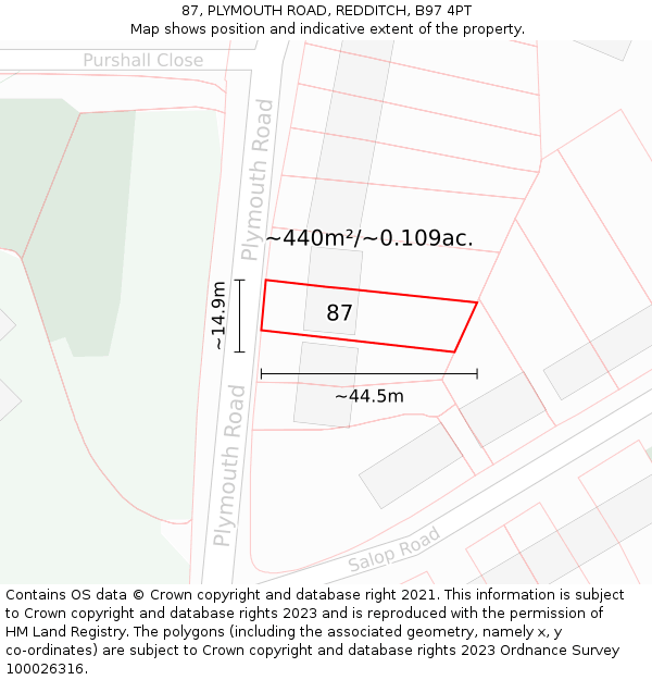 87, PLYMOUTH ROAD, REDDITCH, B97 4PT: Plot and title map