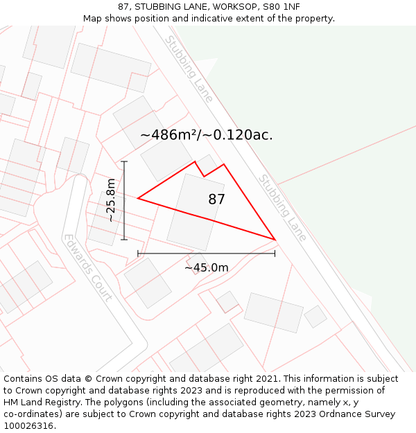 87, STUBBING LANE, WORKSOP, S80 1NF: Plot and title map