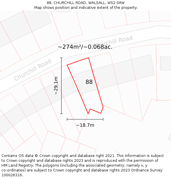 88, CHURCHILL ROAD, WALSALL, WS2 0AW: Plot and title map