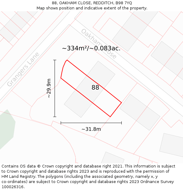88, OAKHAM CLOSE, REDDITCH, B98 7YQ: Plot and title map