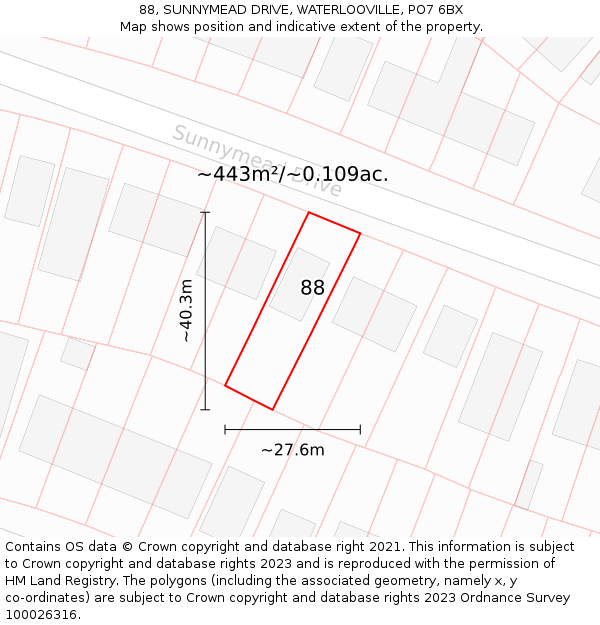 88, SUNNYMEAD DRIVE, WATERLOOVILLE, PO7 6BX: Plot and title map