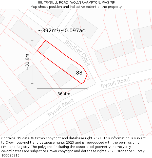 88, TRYSULL ROAD, WOLVERHAMPTON, WV3 7JF: Plot and title map
