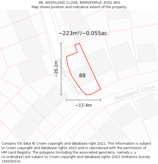 88, WOODLAND CLOSE, BARNSTAPLE, EX32 0EG: Plot and title map