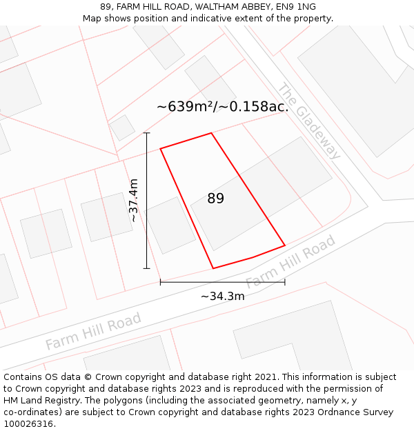 89, FARM HILL ROAD, WALTHAM ABBEY, EN9 1NG: Plot and title map