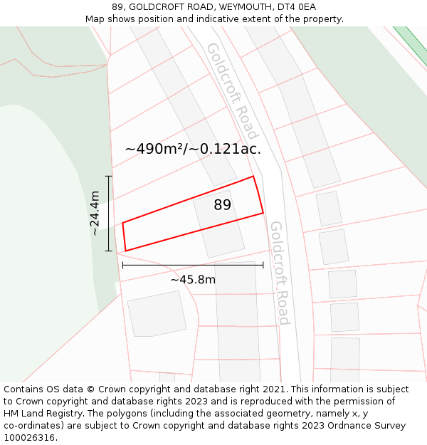 89, GOLDCROFT ROAD, WEYMOUTH, DT4 0EA: Plot and title map