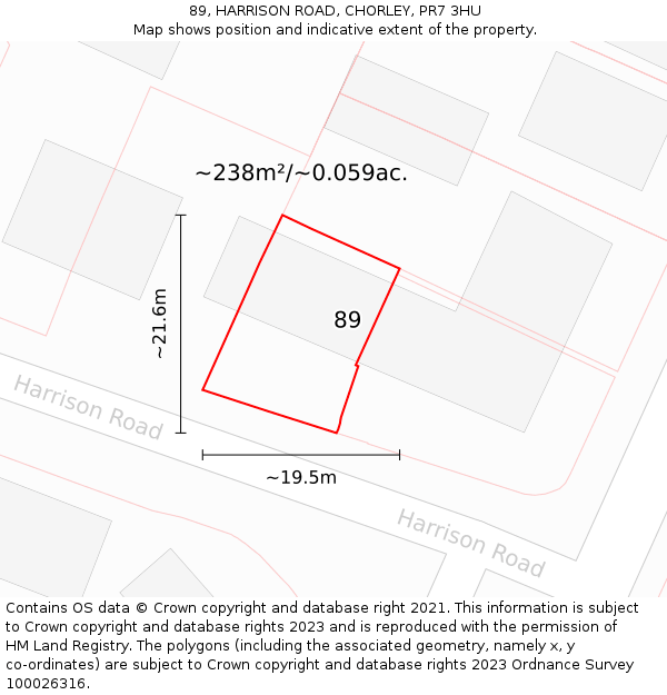 89, HARRISON ROAD, CHORLEY, PR7 3HU: Plot and title map